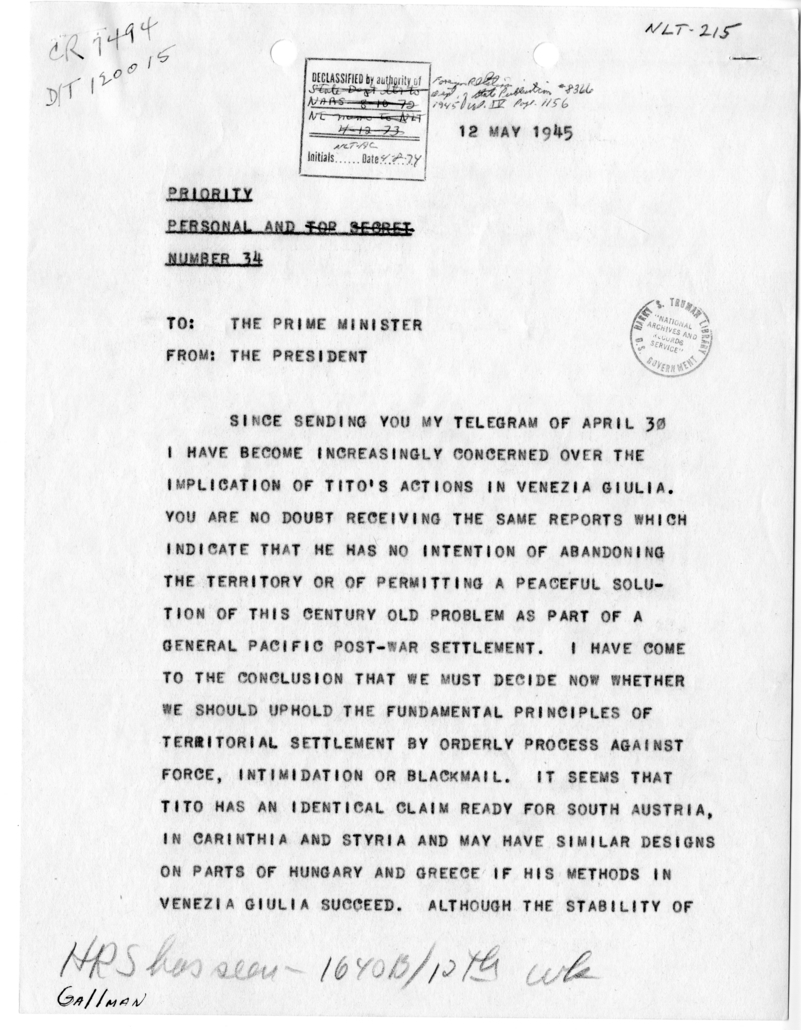 Telegram from President Harry S. Truman to Prime Minister Winston Churchill