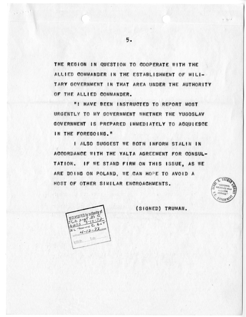 Telegram from President Harry S. Truman to Prime Minister Winston Churchill