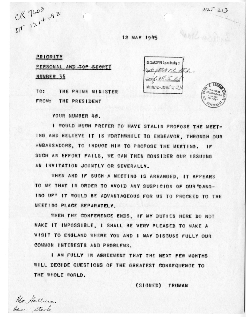 Telegram from President Harry S. Truman to Prime Minister Winston Churchill