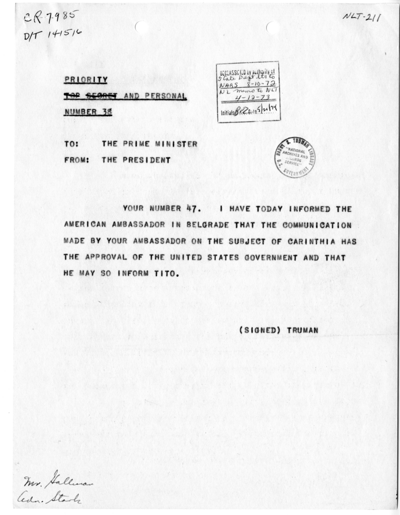 Telegram from President Harry S. Truman to Prime Minister Winston Churchill