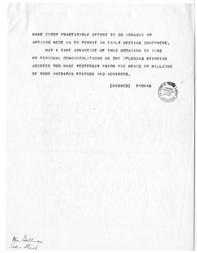 Telegram from President Harry S. Truman to Prime Minister Winston Churchill