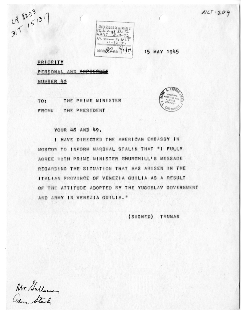 Telegram from President Harry S. Truman to Prime Minister Winston Churchill