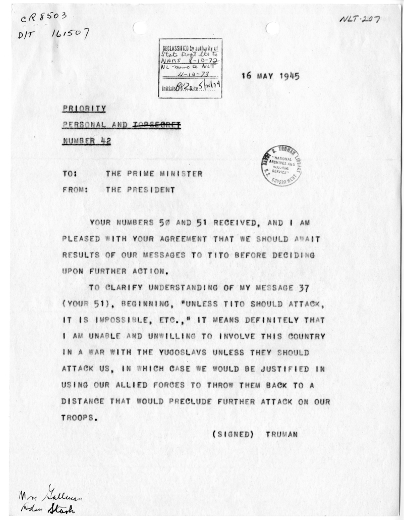 Telegram from President Harry S. Truman to Prime Minister Winston Churchill