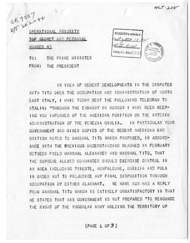 Telegram from President Harry S. Truman to Prime Minister Winston Churchill