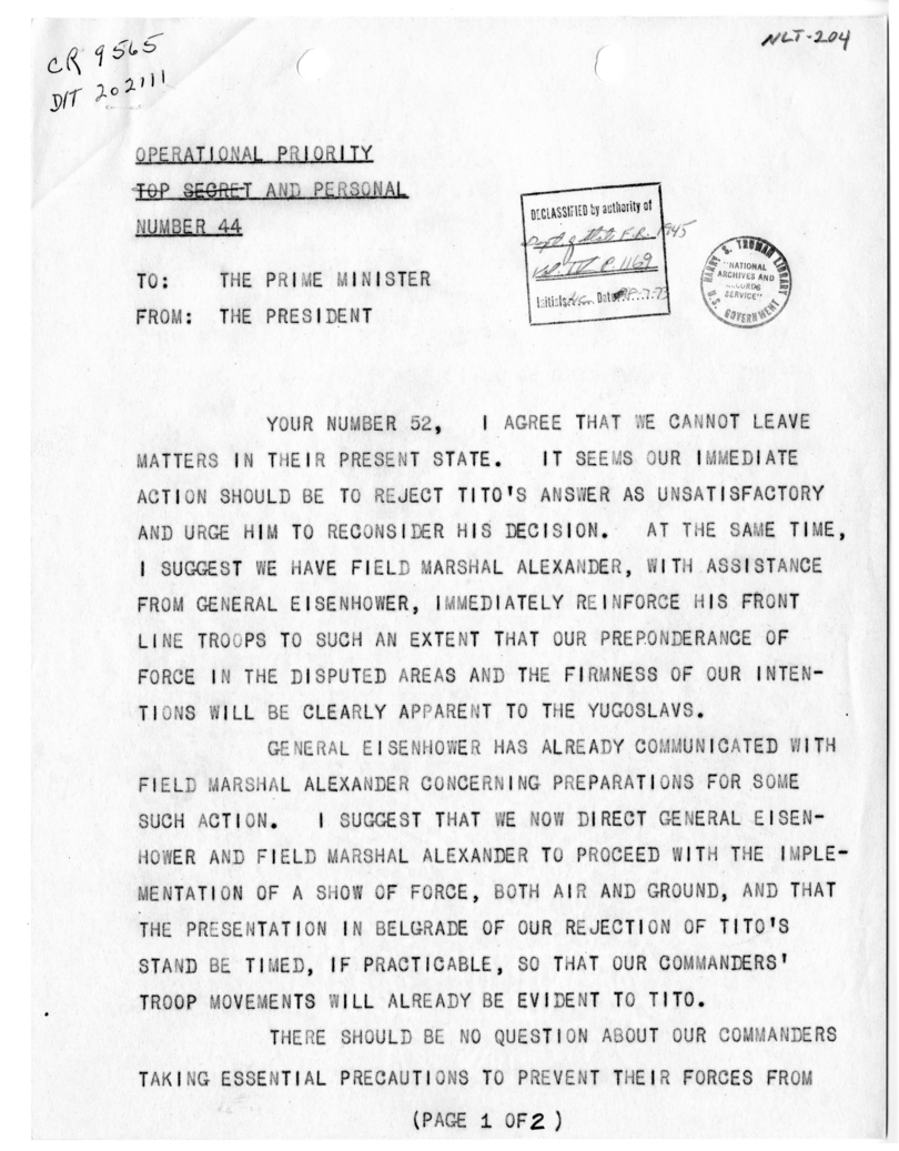 Telegram from President Harry S. Truman to Prime Minister Winston Churchill