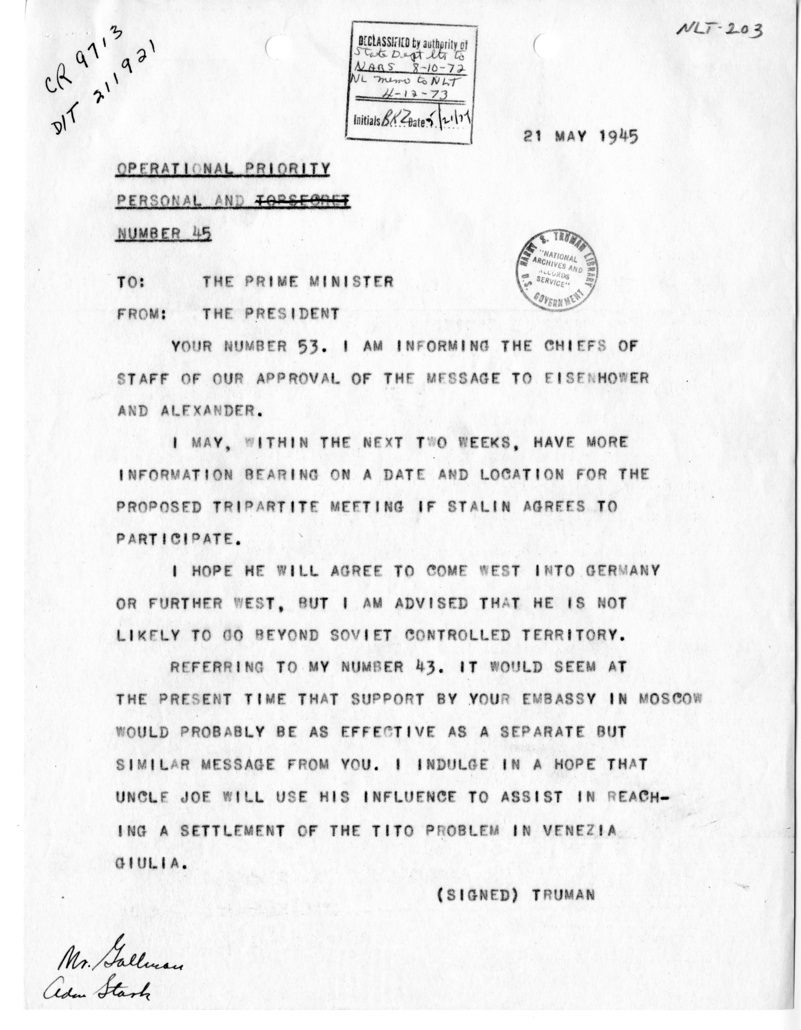 Telegram from President Harry S. Truman to Prime Minister Winston Churchill