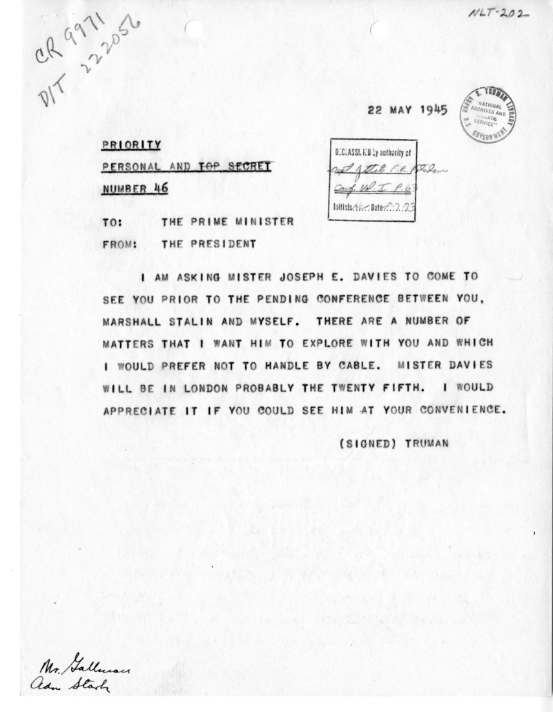 Telegram from President Harry S. Truman to Prime Minister Winston Churchill