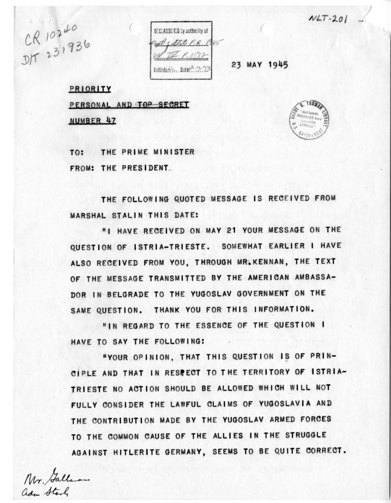 Telegram from President Harry S. Truman to Prime Minister Winston Churchill