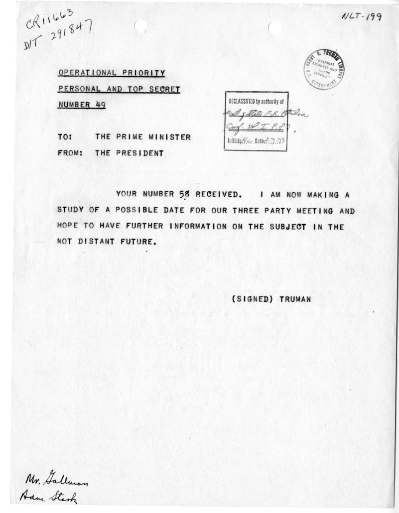 Telegram from President Harry S. Truman to Prime Minister Winston Churchill