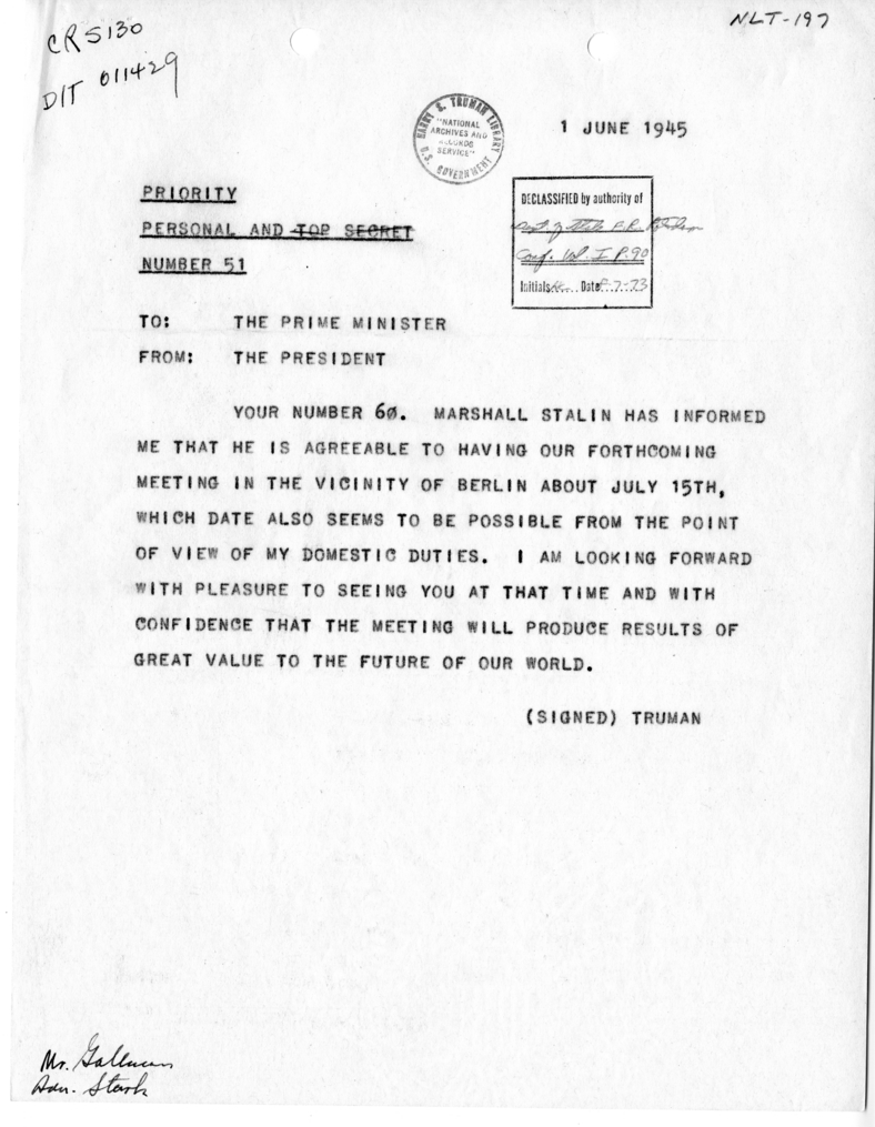 Telegram from President Harry S. Truman to Prime Minister Winston Churchill