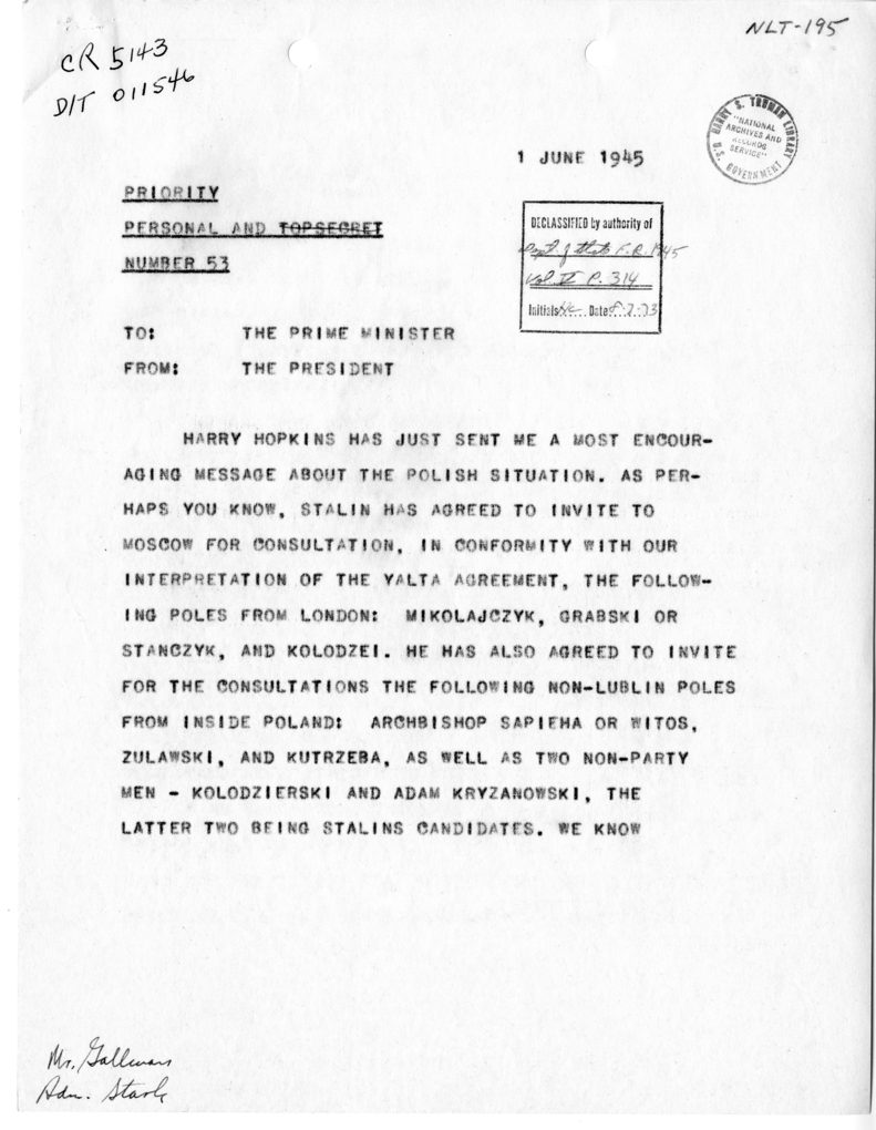 Telegram from President Harry S. Truman to Prime Minister Winston Churchill