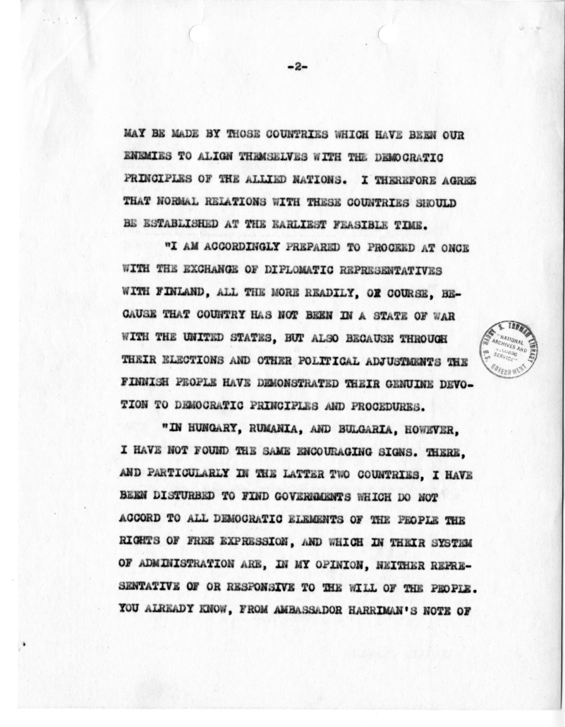 Telegram from President Harry S. Truman to Prime Minister Winston Churchill