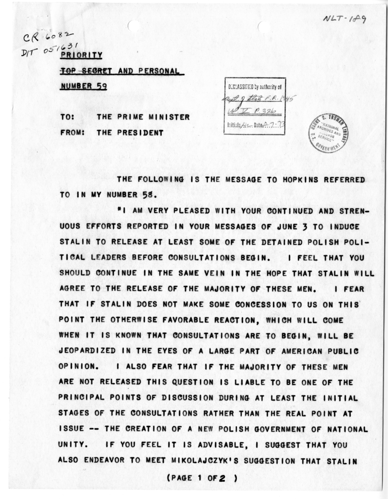 Telegram from President Harry S. Truman to Prime Minister Winston Churchill