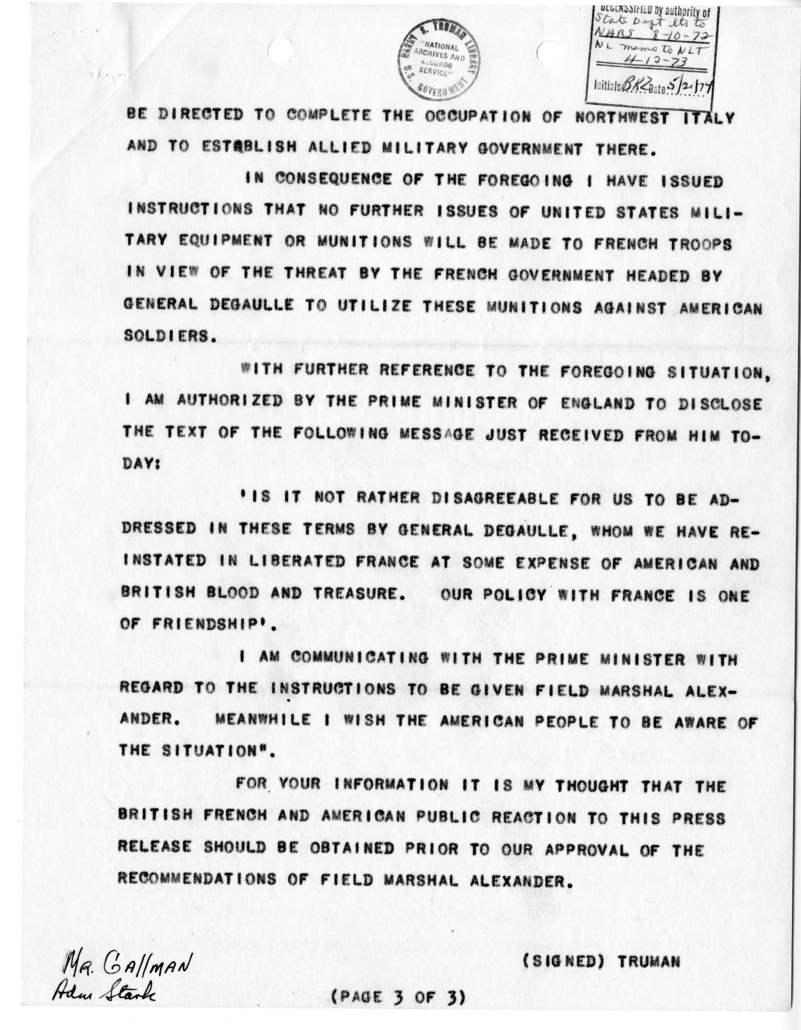 Telegram from President Harry S. Truman to Prime Minister Winston Churchill