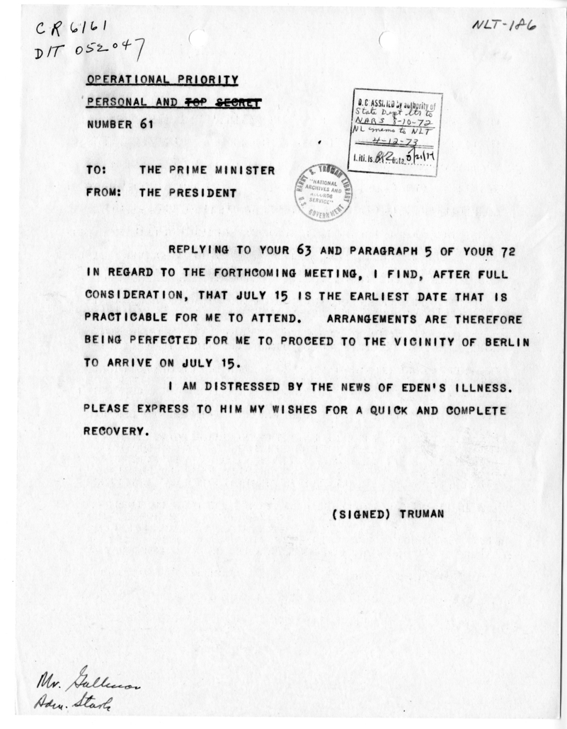 Telegram from President Harry S. Truman to Prime Minister Winston Churchill