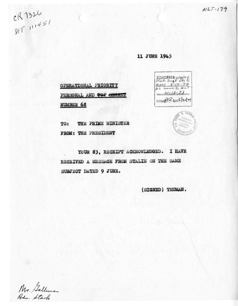 Telegram from President Harry S. Truman to Prime Minister Winston Churchill