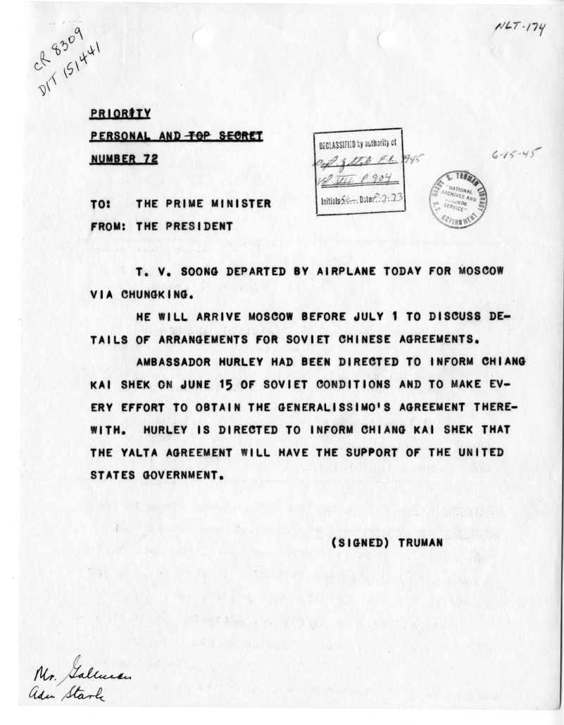 Telegram from President Harry S. Truman to Prime Minister Winston Churchill