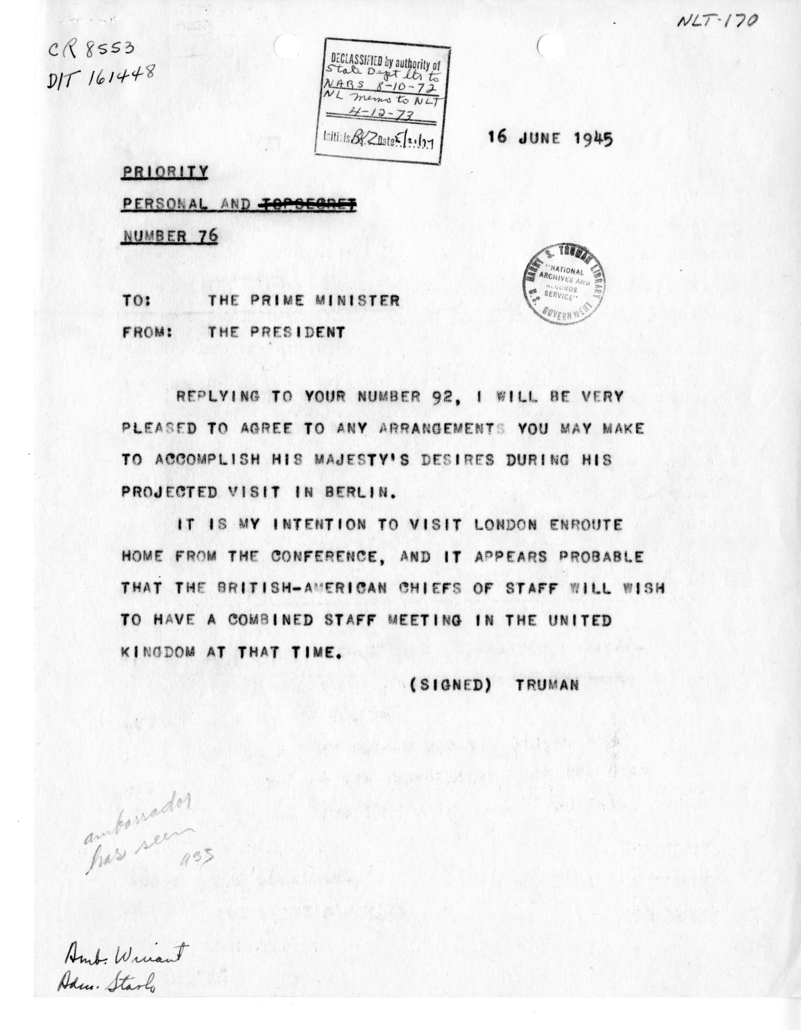 Telegram from President Harry S. Truman to Prime Minister Winston Churchill