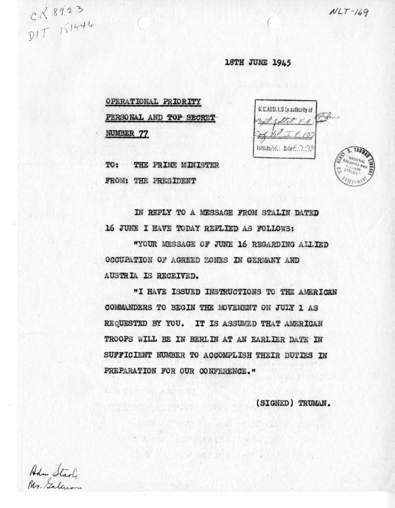 Telegram from President Harry S. Truman to Prime Minister Winston Churchill