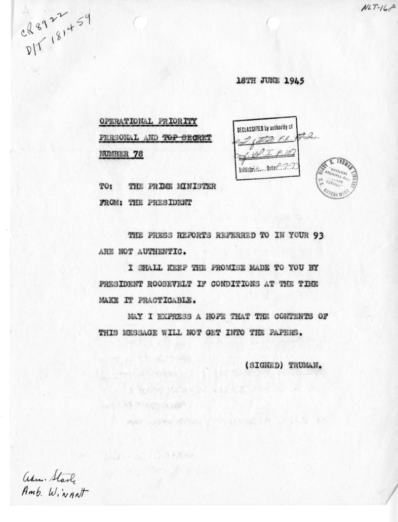 Telegram from President Harry S. Truman to Prime Minister Winston Churchill