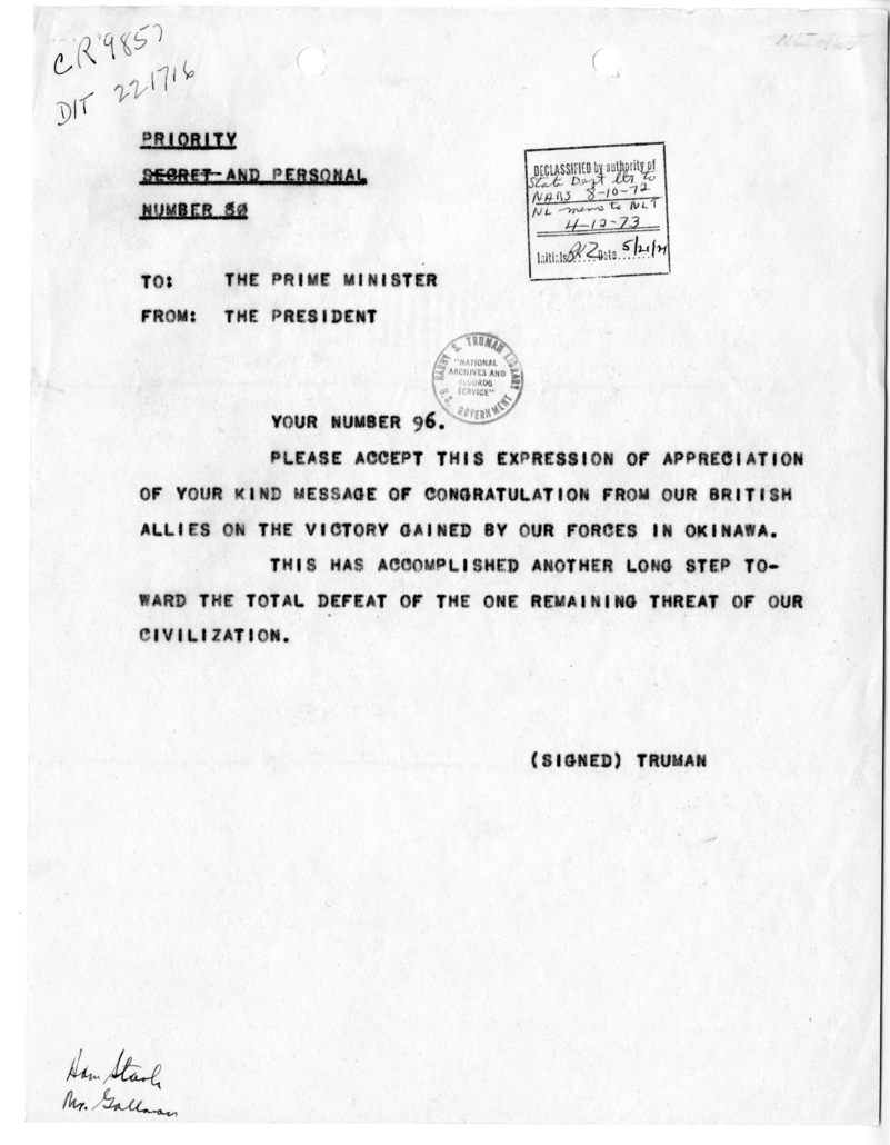 Telegram from President Harry S. Truman to Prime Minister Winston Churchill