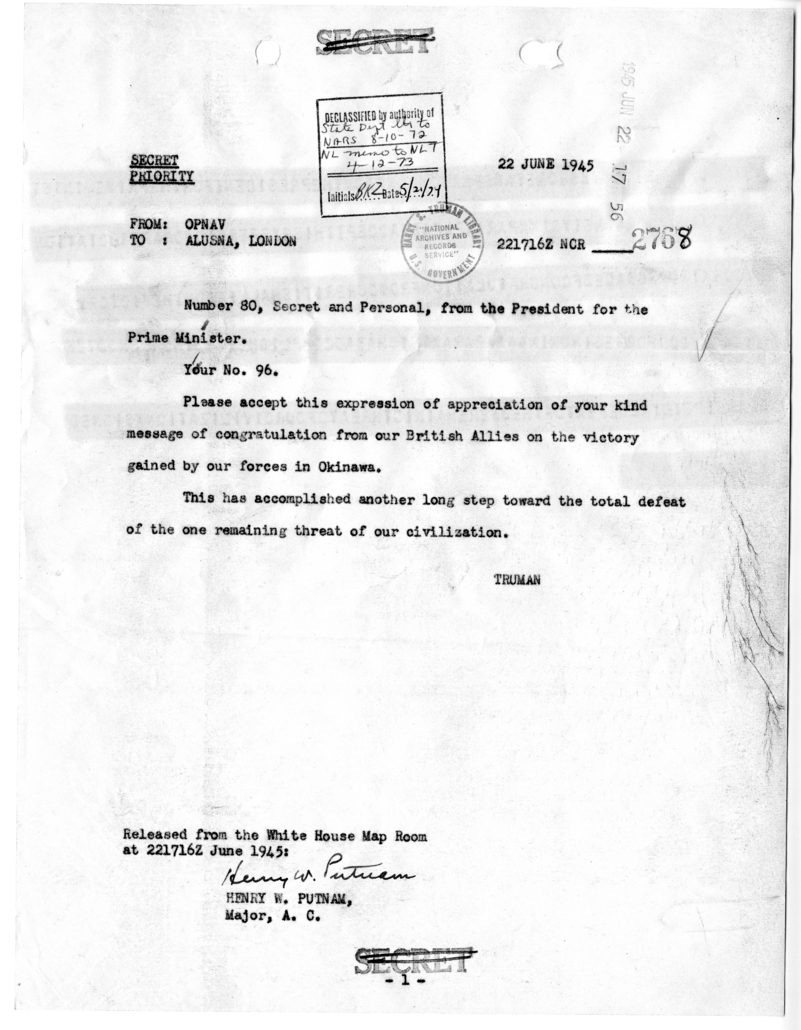 Telegram from President Harry S. Truman to Prime Minister Winston Churchill