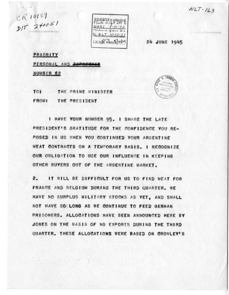 Telegram from President Harry S. Truman to Prime Minister Winston Churchill