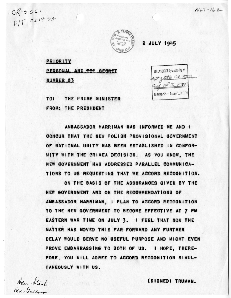 Telegram from President Harry S. Truman to Prime Minister Winston Churchill