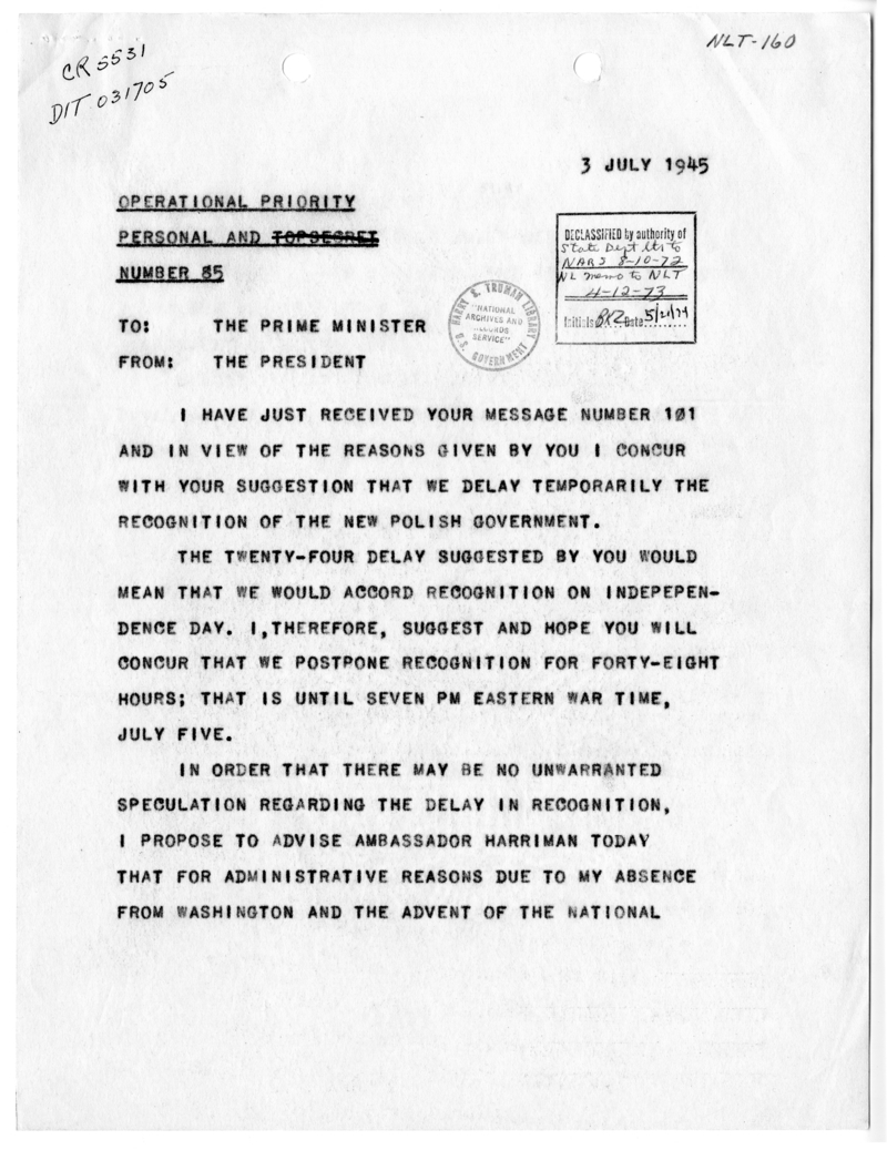 Telegram from President Harry S. Truman to Prime Minister Winston Churchill