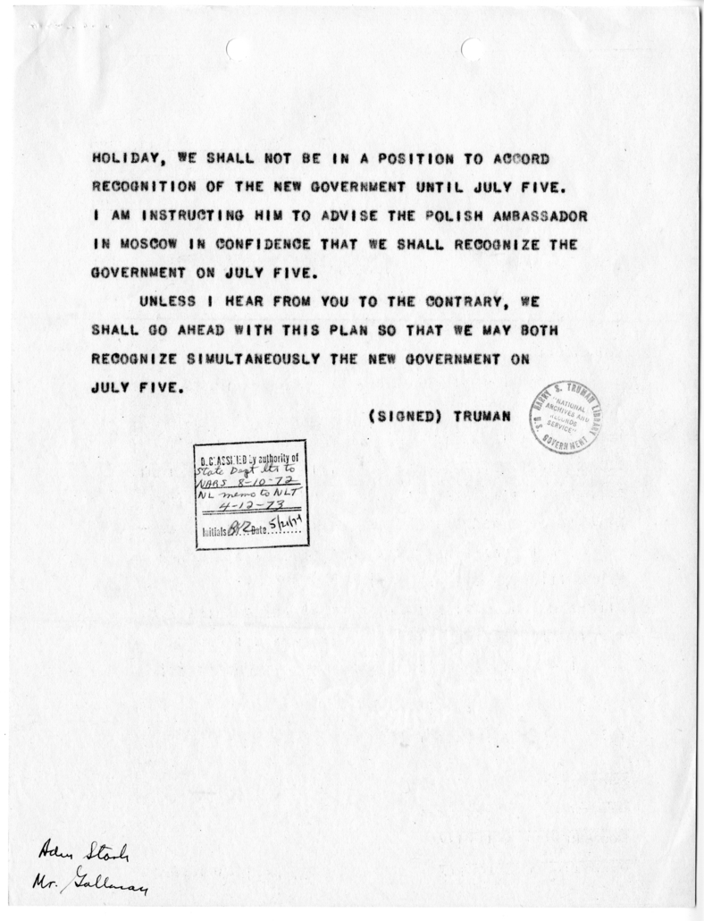 Telegram from President Harry S. Truman to Prime Minister Winston Churchill