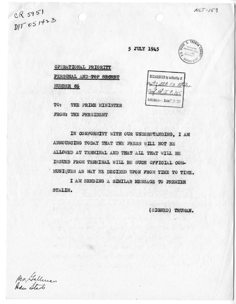 Telegram from President Harry S. Truman to Prime Minister Winston Churchill