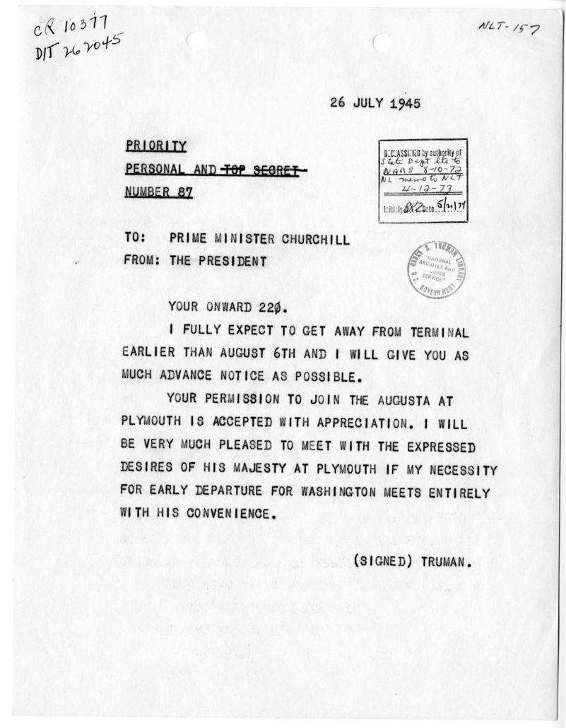 Telegram from President Harry S. Truman to Prime Minister Winston Churchill