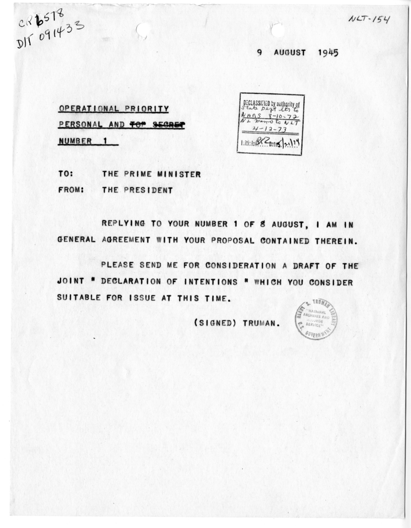 Telegram from President Harry S. Truman to Prime Minister Clement Attlee