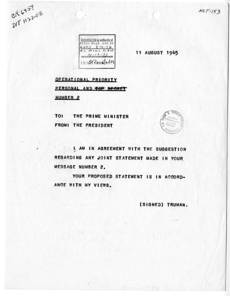 Telegram from President Harry S. Truman to Prime Minister Clement Attlee