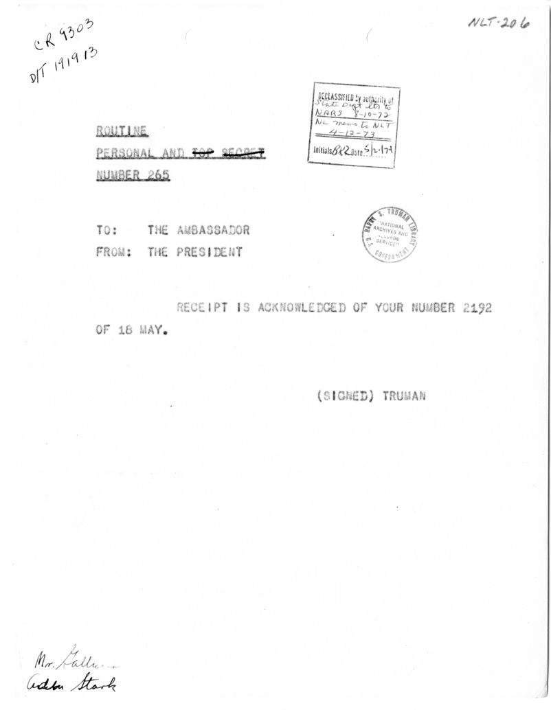 Telegram from President Harry S. Truman to Ambassador John G. Winant