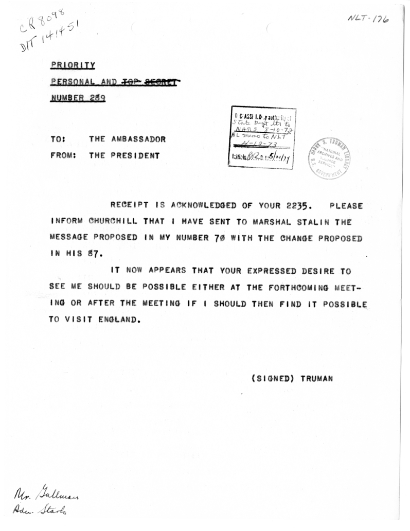Telegram from President Harry S. Truman to Ambassador John G. Winant