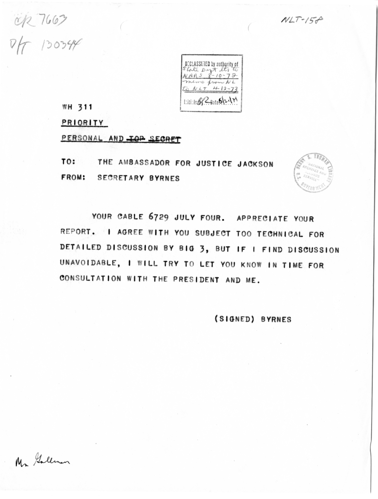 Telegram from Secretary of State James Byrnes to Justice Robert Jackson