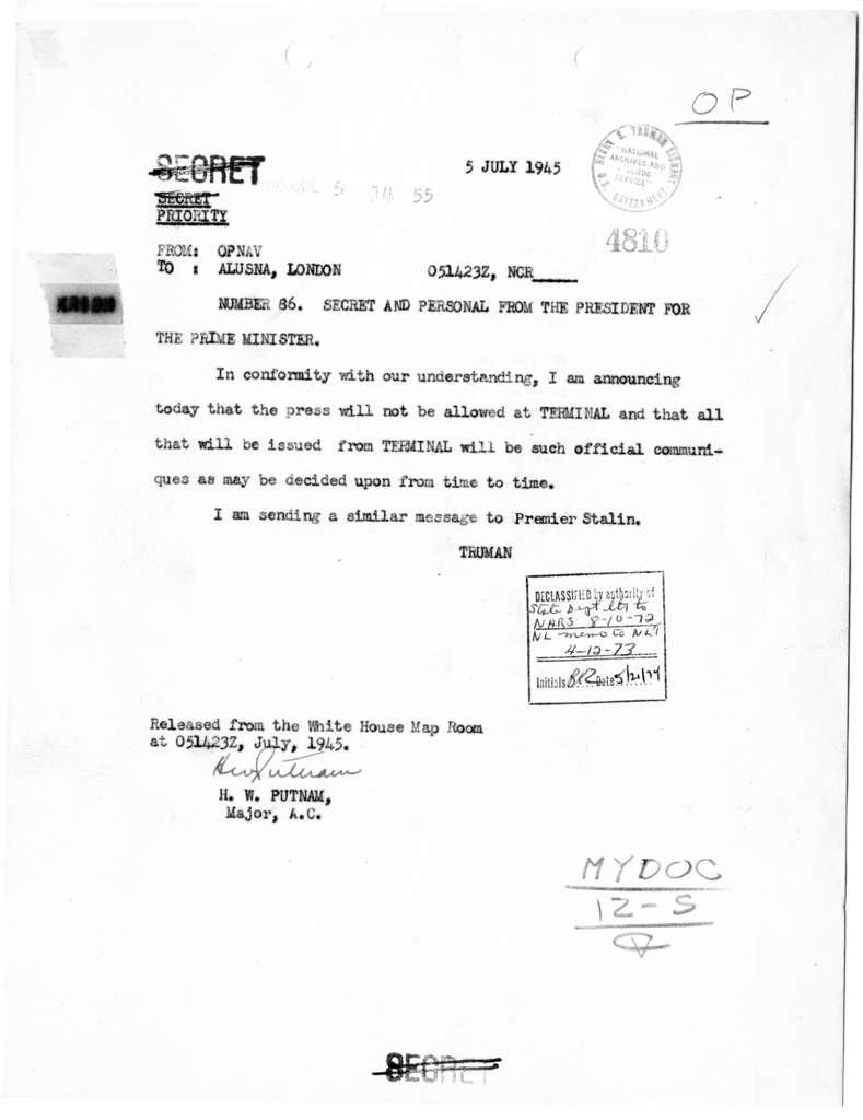 Telegram from President Harry S. Truman to Primes Minister Winston Churchill