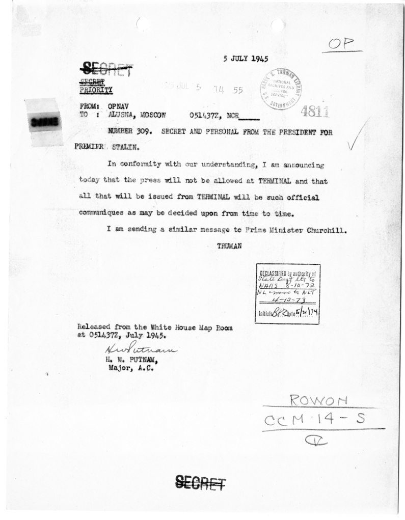 Telegram from President Harry S. Truman to Marshal Joseph Stalin