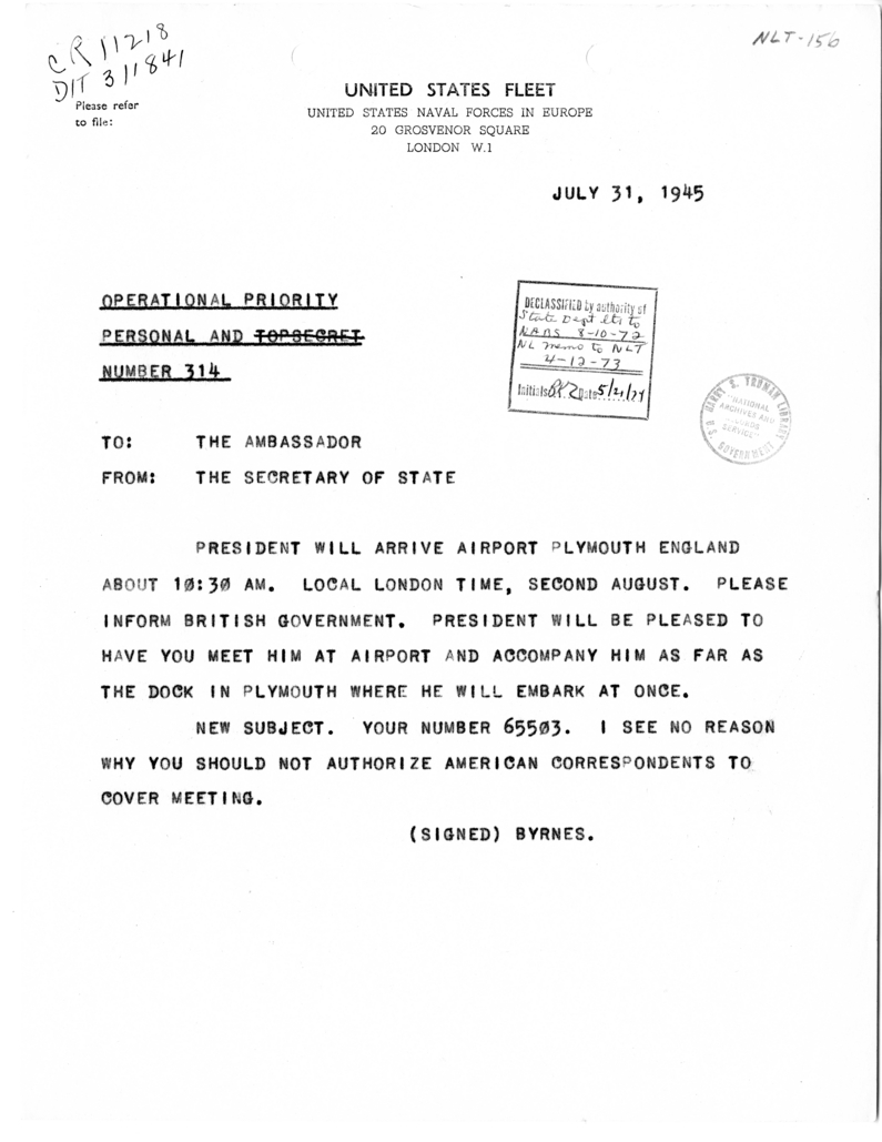 Telegram from Secretary of State James Byrnes to Ambassador John G. Winant