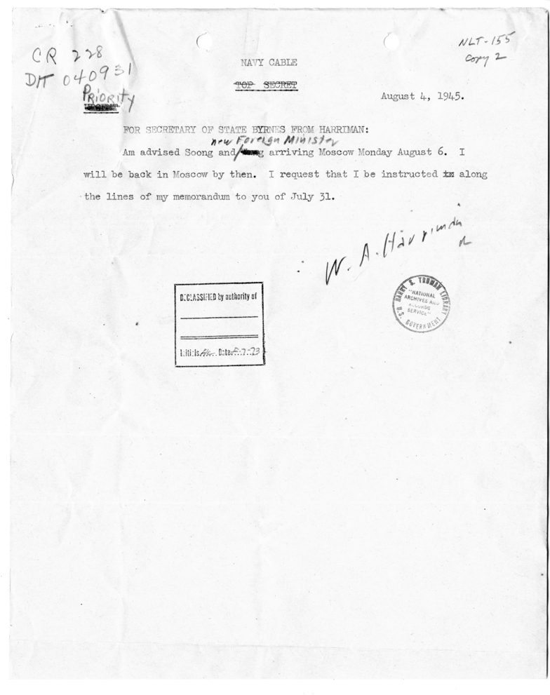 Telegram from Ambassador Averell Harriman to Secretary of State James Byrnes