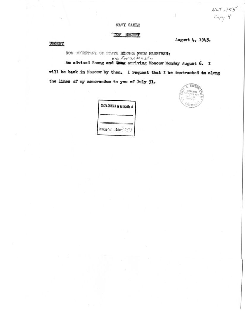 Telegram from Ambassador Averell Harriman to Secretary of State James Byrnes