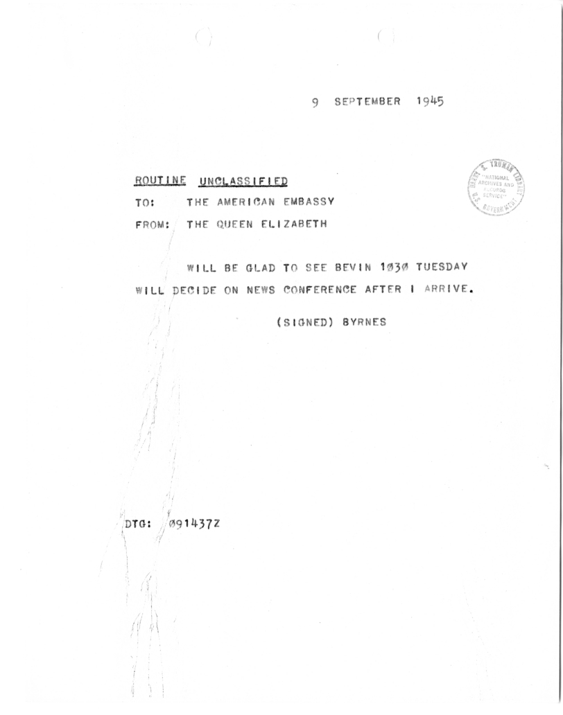 Telegram from Secretary of State James Byrnes to the Ambassador John G. Winant