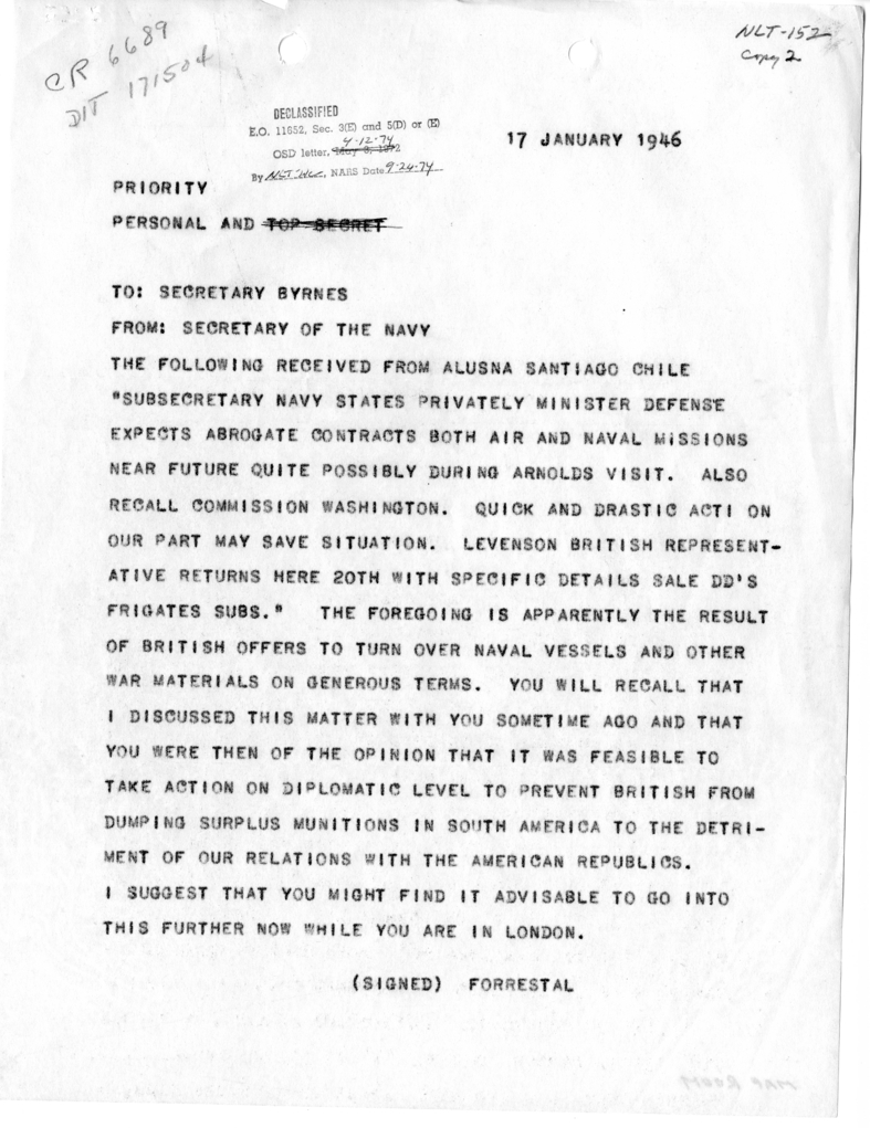Telegram from the Secretary of the Navy James Forrestal to Secretary of State James Byrnes