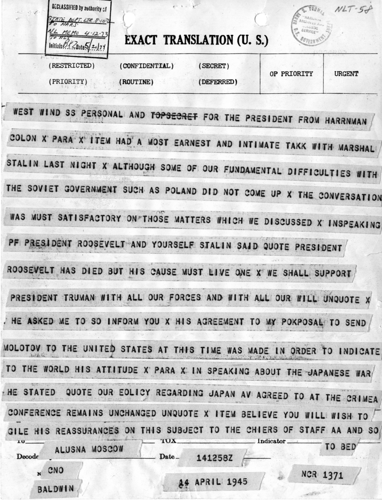 Telegram from Ambassador Averell Harriman to President Harry S. Truman