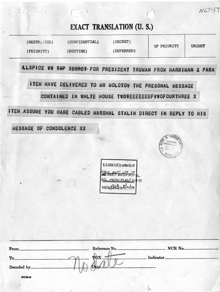 Telegram from Ambassador Averell Harriman to President Harry S. Truman