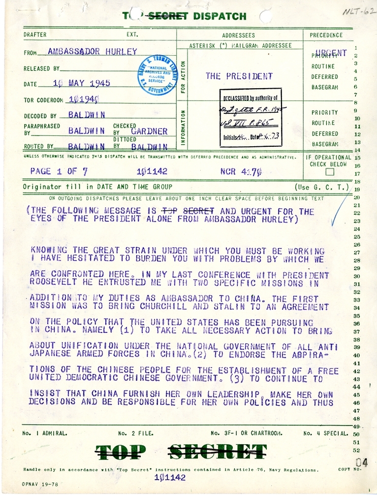 Telegram from Ambassador Patrick J. Hurley to President Harry S. Truman