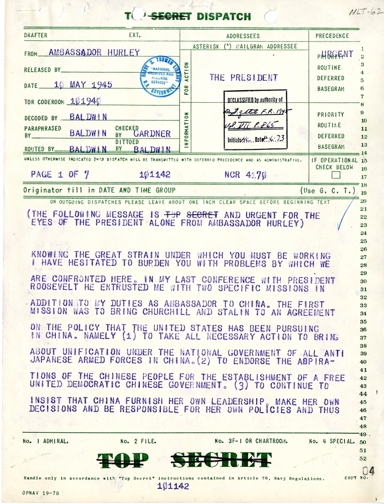 Telegram from Ambassador Patrick J. Hurley to President Harry S. Truman