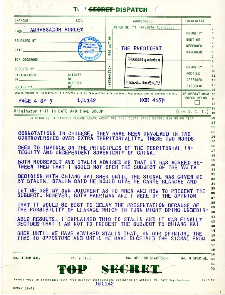 Telegram from Ambassador Patrick J. Hurley to President Harry S. Truman