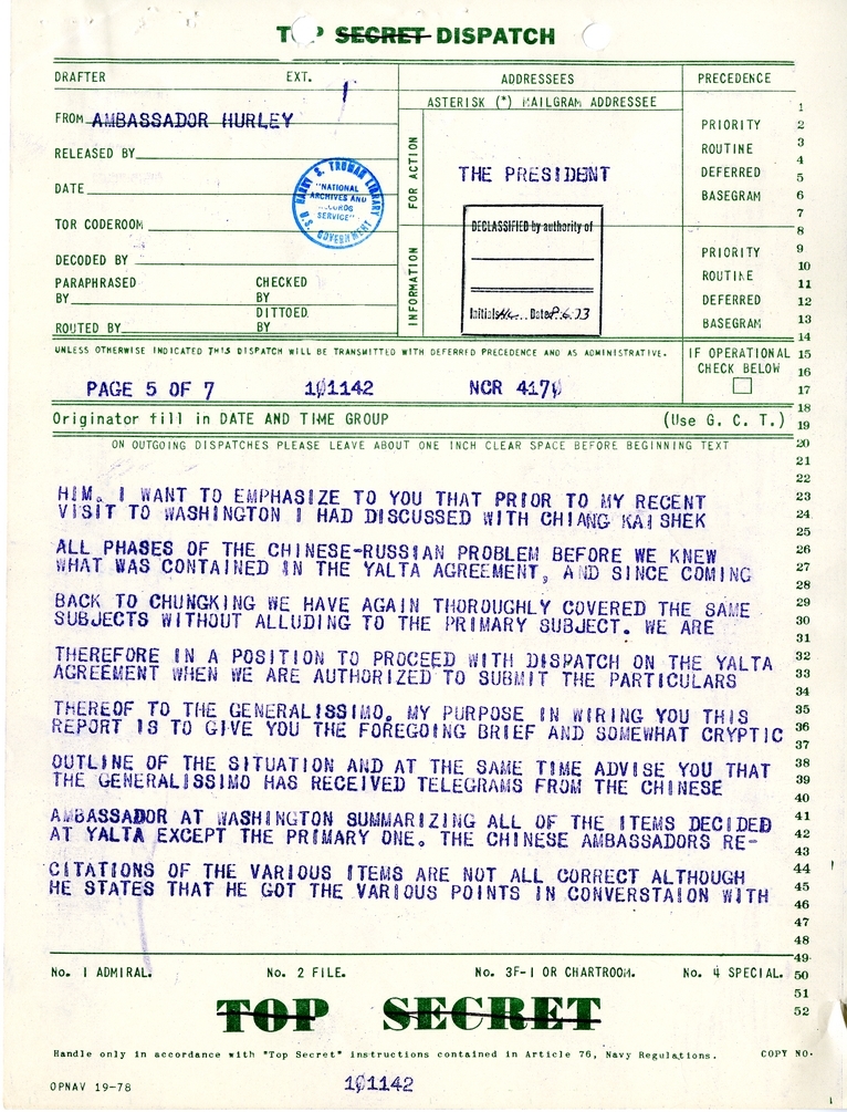 Telegram from Ambassador Patrick J. Hurley to President Harry S. Truman